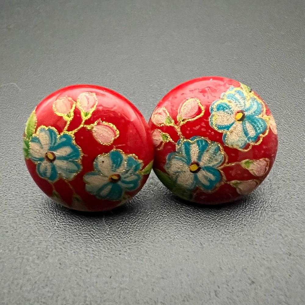 Vintage Hand Painted Red Floral Button Earrings Retro Dainty Spring